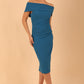 model is wearing diva catwalk amelia pencil dress with bardot neckline and ruched back in Tropical teal front