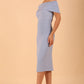 model is wearing diva catwalk amelia pencil dress with bardot neckline and ruched back in Powder Blue