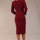 model is wearing diva catwalk bounty contrast pencil dress with rounded neckline and waistband in blissful burgundy and black colours back