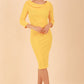 Model wearing diva catwalk Monique 3/4 Sleeve Pencil Dress with Overlapping Folded Round Neckline and 3/4 sleeves and knee length in Sunshine Yellow front