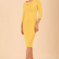 Model wearing diva catwalk Monique 3/4 Sleeve Pencil Dress with Overlapping Folded  Round Neckline and 3/4 sleeves and knee length in Sunshine Yellow front