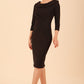 Model wearing diva catwalk Monique 3/4 Sleeve Pencil Dress with Overlapping Folded Round Neckline and 3/4 sleeves and knee length in Black front