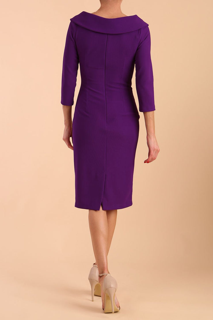 Model wearing diva catwalk Monique 3/4 Sleeve Pencil Dress in Passion Purple back