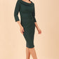 Model wearing diva catwalk Monique 3/4 Sleeve Pencil Dress with Overlapping Folded Round Neckline and 3/4 sleeves and knee length in Green Gables front