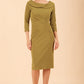 Model wearing diva catwalk Monique 3/4 Sleeve Pencil Dress with Overlapping Folded Round Neckline and 3/4 sleeves and knee length in Jasmine Green front