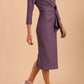Model wearing diva catwalk Seed  Elsye 3/4 Sleeve Knee Length Pencil Dress with Fold over bateau collar neckline with contrast piping and Bow feature on the left side of the bodice in Dusky Lilac colour front