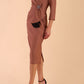 Model wearing diva catwalk Seed  Elsye 3/4 Sleeve Knee Length Pencil Dress with Fold over bateau collar neckline with contrast piping and Bow feature on the left side of the bodice with decorative brooch in Acorn Brown colour front side