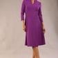 model is wearing diva catwalk palmerston vintage style a-line dress with sleeves and high neck with a slit in amethyst purple colour front