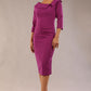 Model is wearing a diva catwalk Bentley 3/4 Sleeve Knee Length Pencil Dress in Hollyhock Purple colour