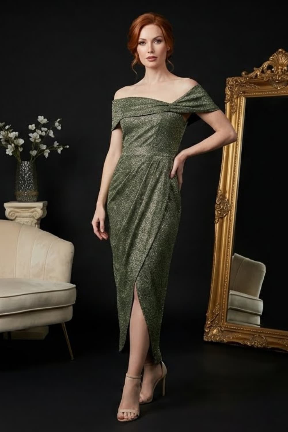 model is wearing diva catwalk unity glitter maxi dress with off shoulder bardot neckline and tulip design skirt in sherwood colour front (Sherwood Gold Glitter)