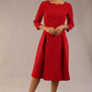 model is wearing a diva catwalk Cordelia Square Neck Pleated Midi A-line Dress with 3/4 sleeve in dark red colour front