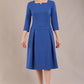 model is wearing a diva catwalk Cordelia Square Neck Pleated Midi A-line Dress with 3/4 sleeve in cobalt blue colour front