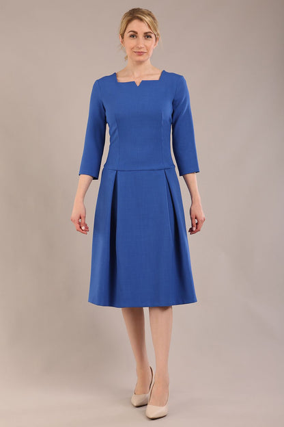 model is wearing a diva catwalk Cordelia Square Neck Pleated Midi A-line Dress with 3/4 sleeve in cobalt blue colour front