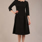 model is wearing a diva catwalk Cordelia Square Neck Pleated Midi A-line Dress with 3/4 sleeve in black colour front