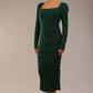 Model wearing diva catwalk Kiki Silky Stretch Ruched Midaxi Dress in Forest Green front