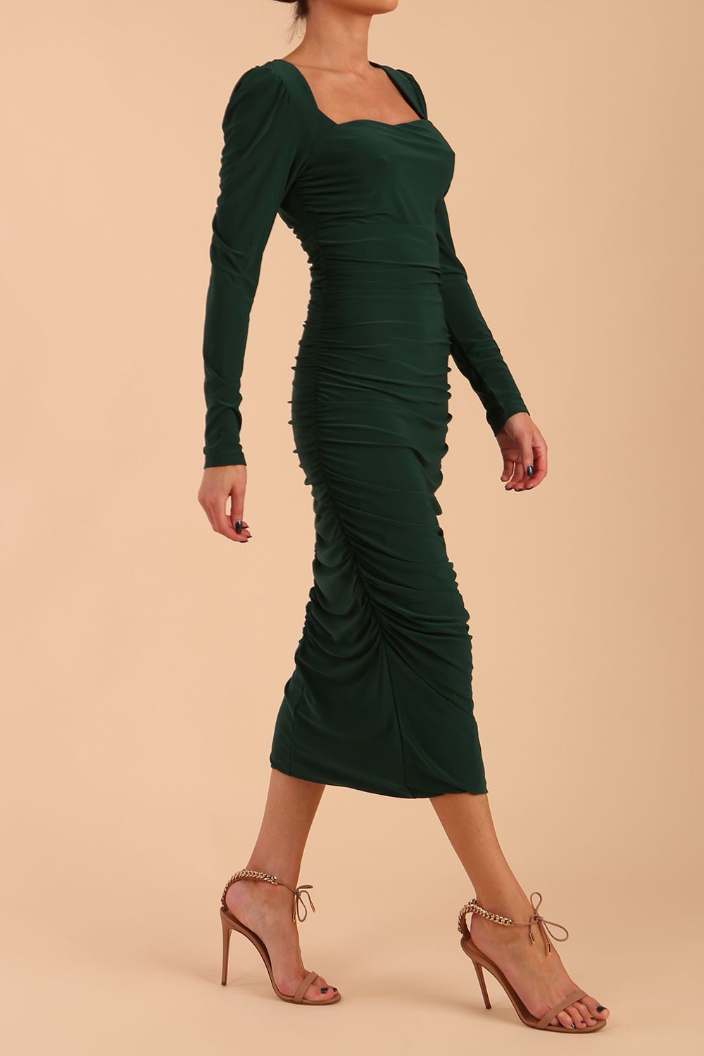 Model wearing diva catwalk Kiki Silky Stretch Ruched Midaxi Dress in Forest Green side