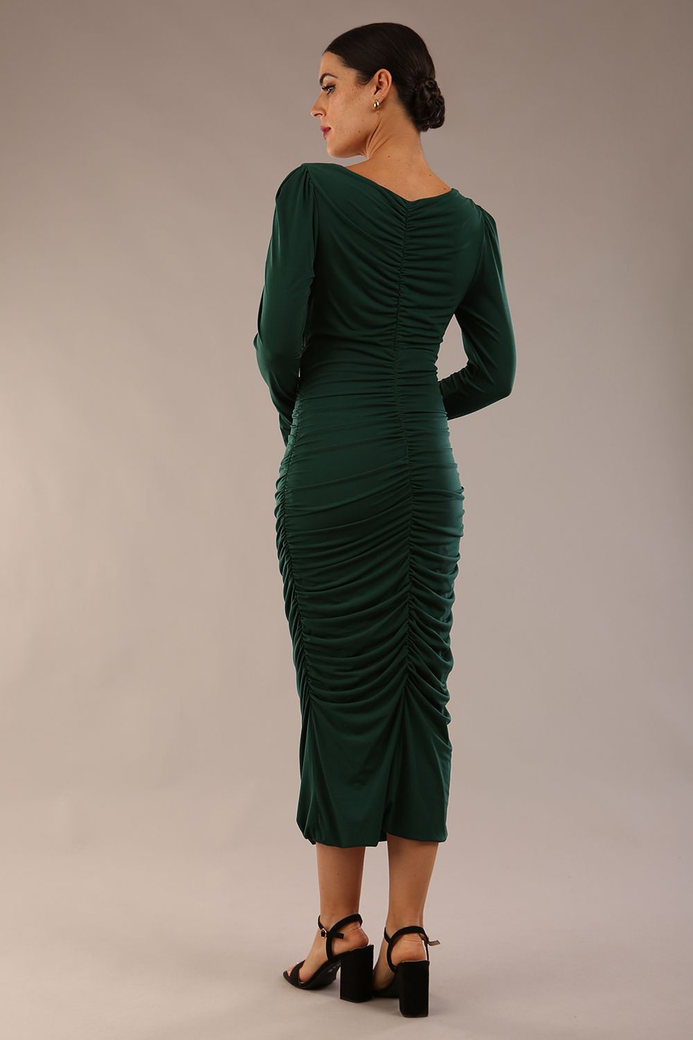 Model wearing diva catwalk Kiki Silky Stretch Ruched Midaxi Dress in Forest Green back