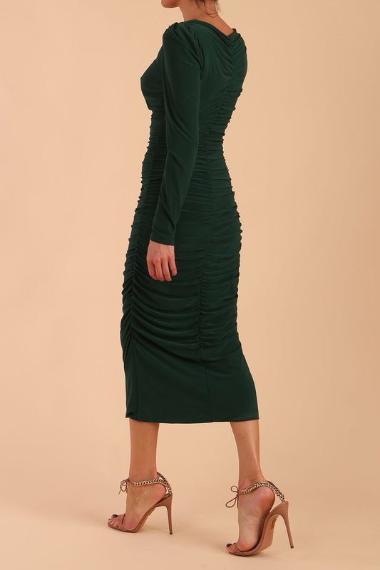 Model wearing diva catwalk Kiki Silky Stretch Ruched Midaxi Dress in Forest Green back