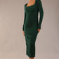 Model wearing diva catwalk Kiki Silky Stretch Ruched Midaxi Dress in Forest Green front