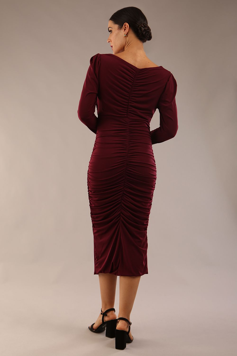 Model wearing diva catwalk Kiki Silky Stretch Ruched Midaxi Dress in Burgundy back