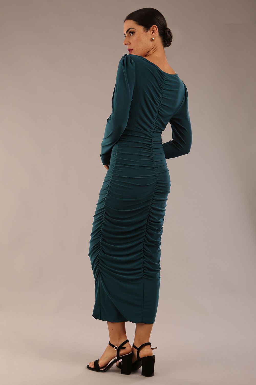 Model wearing diva catwalk Kiki Silky Stretch Ruched Midaxi Dress in Teal back