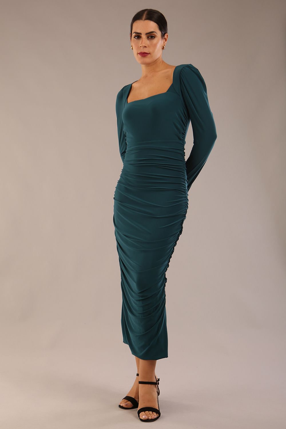 Model wearing diva catwalk Kiki Silky Stretch Ruched Midaxi Dress in Teal front