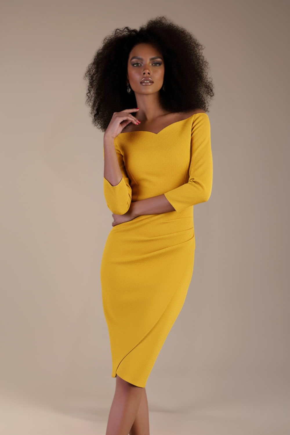 Model wearing diva catwalk Trixie dress against a beige background in (Sunrise Yellow)