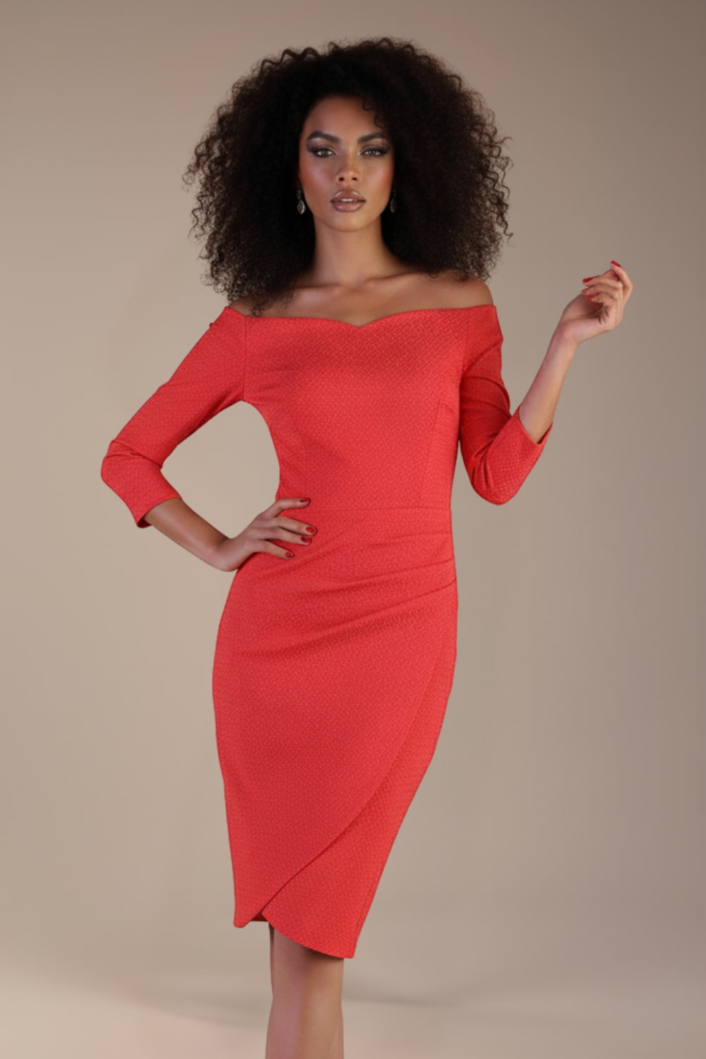 Model wearing diva catwalk Trixie dress against a beige background in (Salmon Red)
