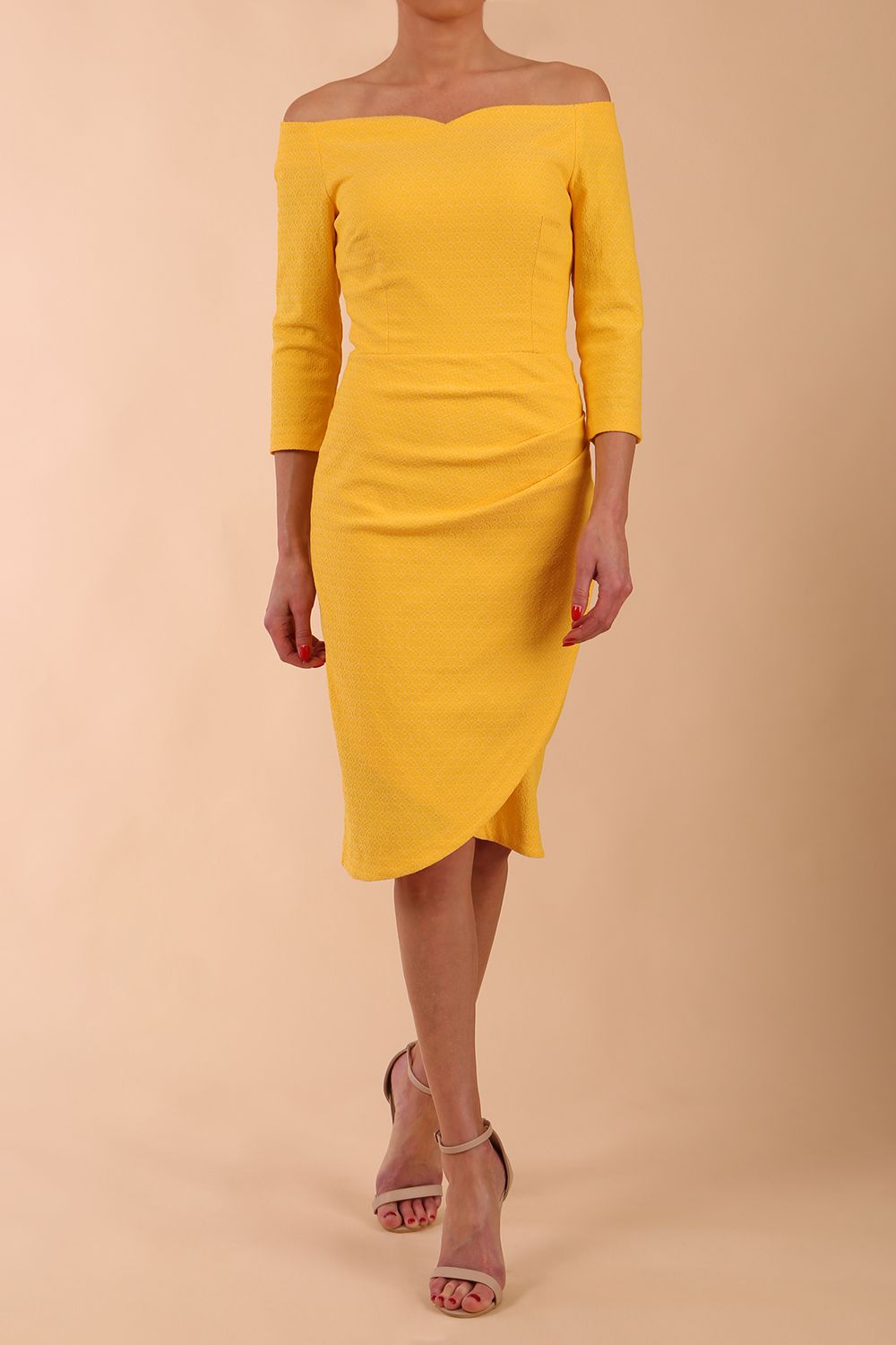 Model wearing diva catwalk Trixie dress in Sunrise Yellow front