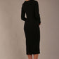 Woman wearing a diva catwalk black Long-Sleeved-Lydia-Midi-Pencil-Dress against a plain background (Black)
