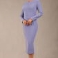 brunette Model is wearing a DIVA Catwalk Faye Off Shoulder Long Sleeve Midi Pencil Dress in Vista Blue colour front image