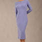 brunette Model is wearing a DIVA Catwalk Faye Off Shoulder Long Sleeve Midi Pencil Dress in Vista Blue colour front image