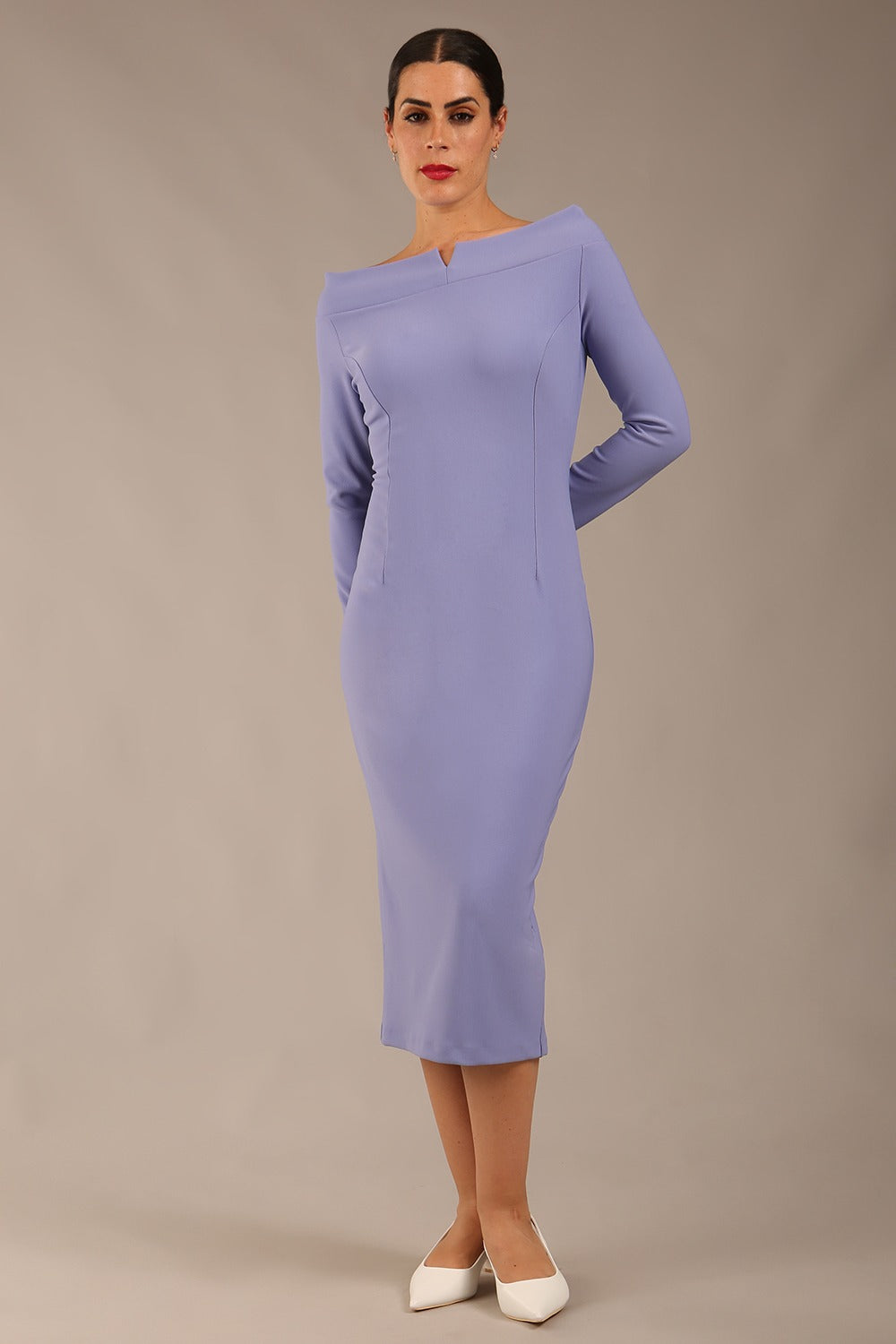 brunette Model is wearing a DIVA Catwalk Faye Off Shoulder Long Sleeve Midi Pencil Dress in Vista Blue colour front image