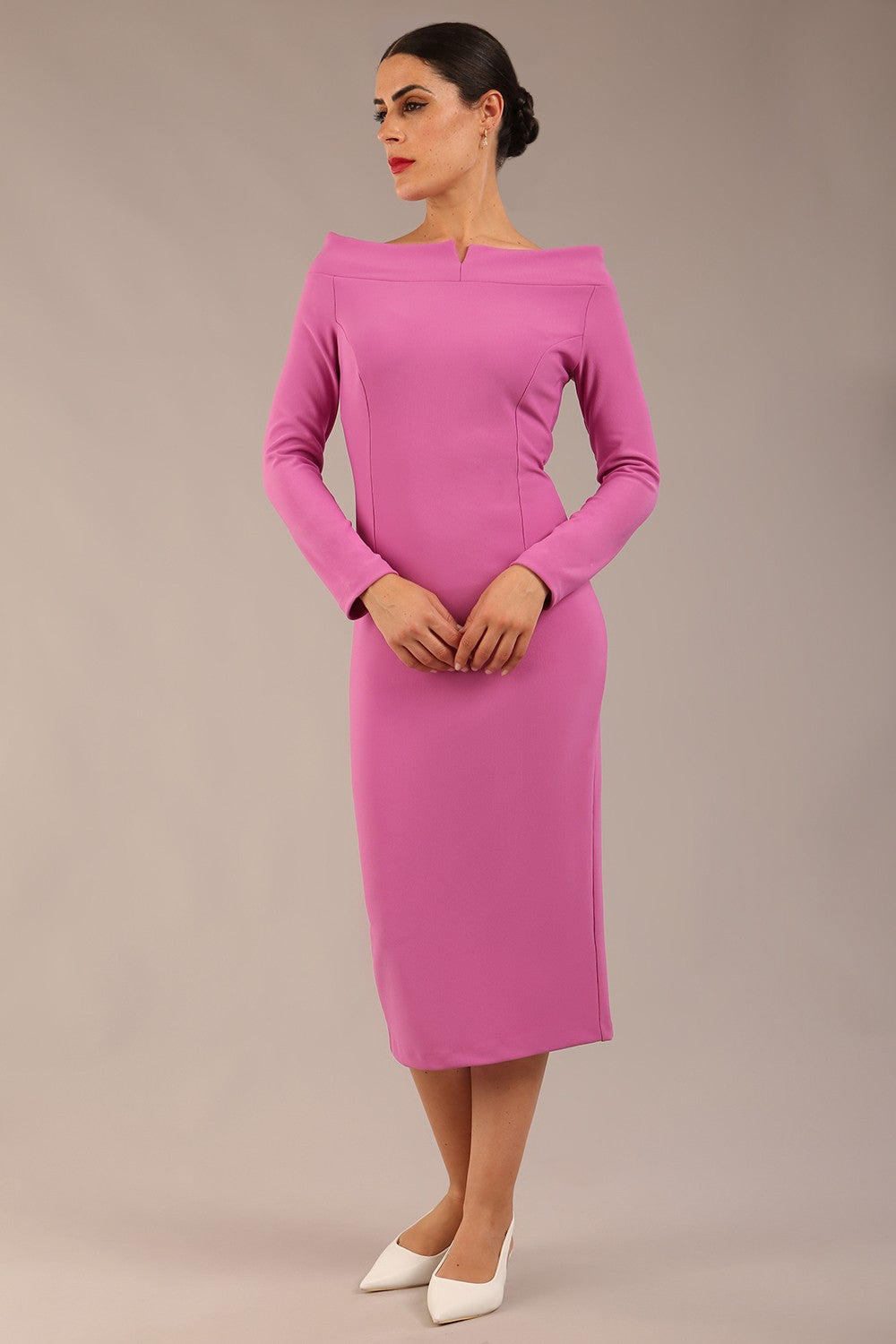 brunette Model is wearing a DIVA Catwalk Faye Off Shoulder Long Sleeve Midi Pencil Dress in Rosebud Pink colour front image