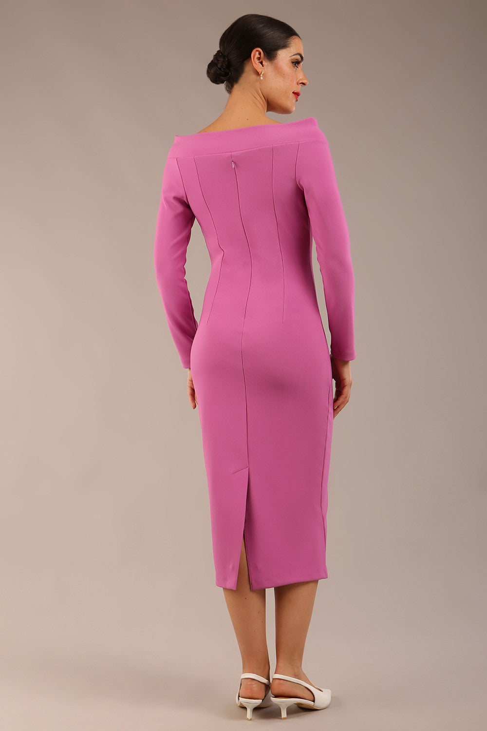 brunette Model is wearing a DIVA Catwalk Faye Off Shoulder Long Sleeve Midi Pencil Dress in Rosebud Pink colour back image