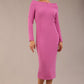 brunette Model is wearing a DIVA Catwalk Faye Off Shoulder Long Sleeve Midi Pencil Dress in Rosebud Pink colour front image