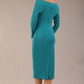 brunette Model is wearing a DIVA Catwalk Faye Off Shoulder Long Sleeve Midi Pencil Dress in Mosaic Blue colour back image