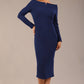 brunette Model is wearing a DIVA Catwalk Faye Off Shoulder Long Sleeve Midi Pencil Dress in Navy Blue colour front image