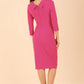 Model wearing diva catwalk Hazel pencil skirt dress with 3/4 sleeved in Magenta Haze back