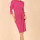 Model wearing diva catwalk Hazel pencil skirt dress with 3/4 sleeved in Magenta Haze front