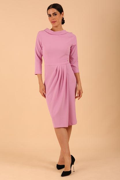 Model wearing diva catwalk Hazel pencil skirt dress with 3/4 sleeved in Dawn Pink