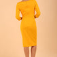 Model wearing diva catwalk Kinga 3/4 Sleeve pencil skirt dress yellow back