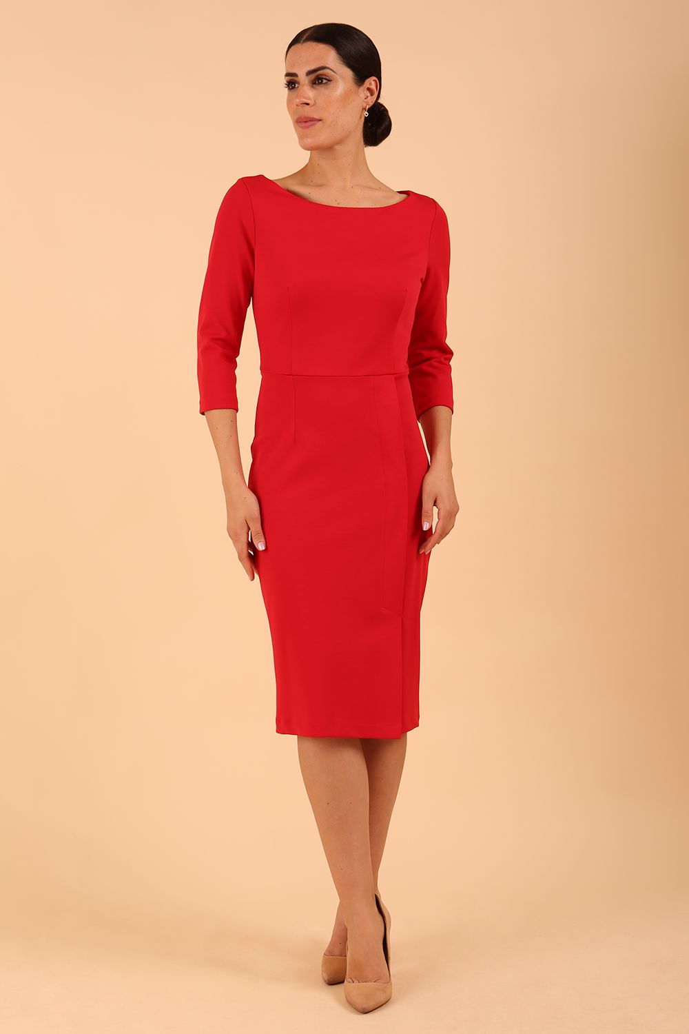 Model wearing diva catwalk Kinga 3/4 Sleeve pencil skirt dress in Electric Red colour