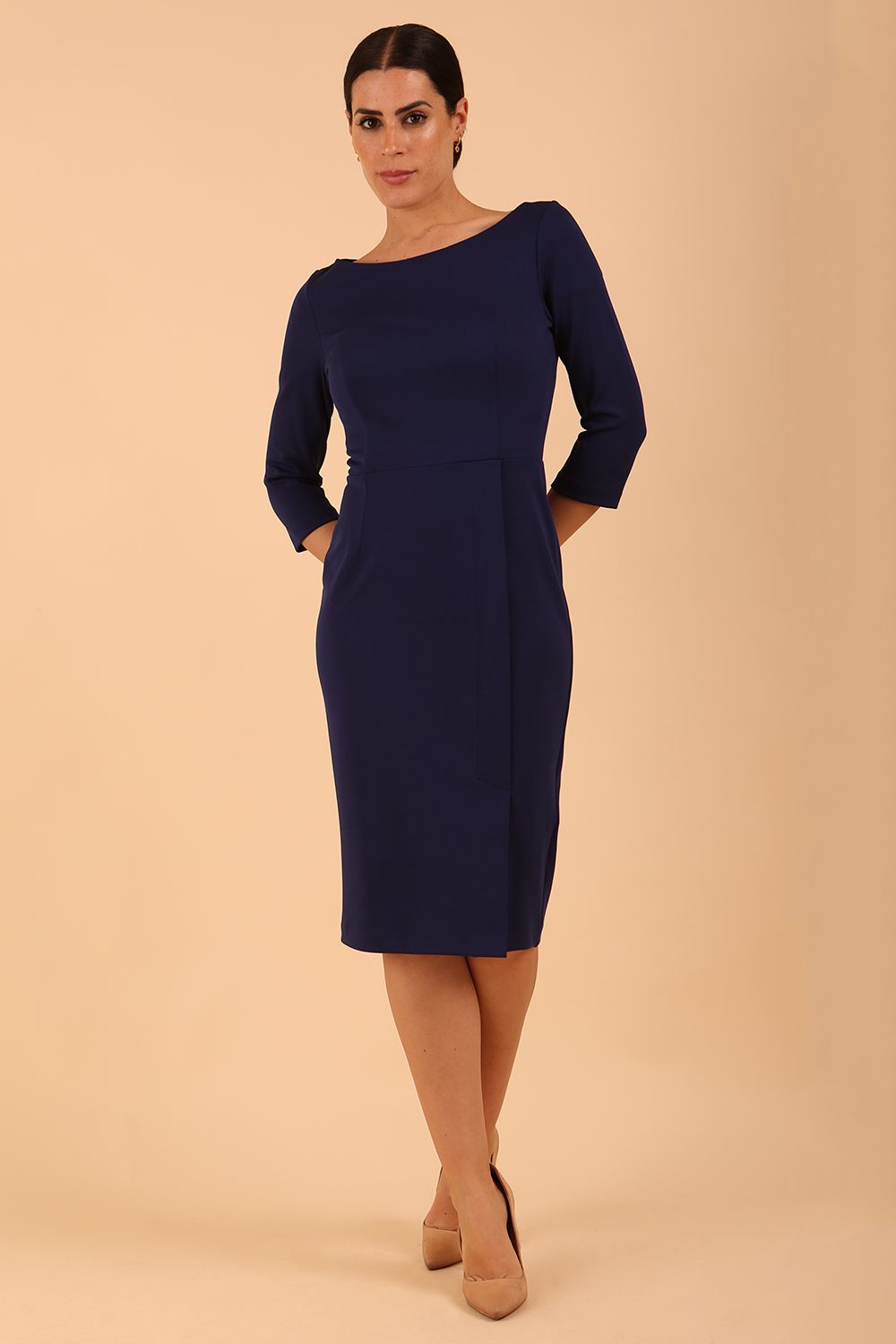 Model wearing diva catwalk Kinga 3/4 Sleeve pencil skirt dress in Navy Blue colour