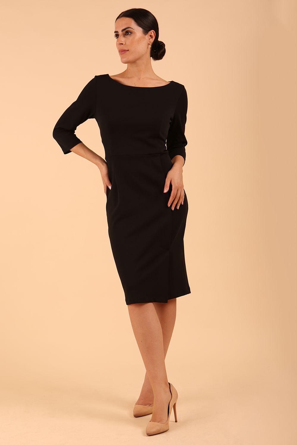 Model wearing diva catwalk Kinga 3/4 Sleeve pencil skirt dress in Black colour