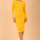 model wearing a diva catwalk Zoey Sleeved Pencil Dress ribbon back with long sleeves and rushed details front and back in Sunshine Yellow colour