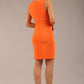 Brunette model is wearing a diva catwalk Lydia Sleeveless Mini Dress round neckline wrap style in golden poppy colour back image