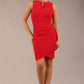 Brunette model is wearing a diva catwalk Lydia Sleeveless Mini Dress round neckline wrap style in true red colour front image 