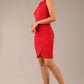 Brunette model is wearing a diva catwalk Lydia Sleeveless Mini Dress round neckline wrap style in true red colour front image 