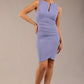 Brunette model is wearing a diva catwalk Lydia Sleeveless Mini Dress round neckline wrap style in vista blue colour front image 